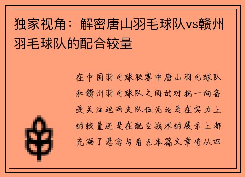 独家视角：解密唐山羽毛球队vs赣州羽毛球队的配合较量